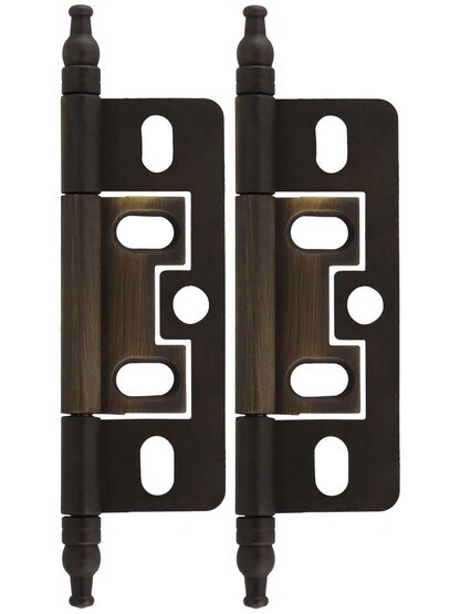 Pair of Solid Brass 2 1/2 inch Non-Mortise Minaret-Tip Cabinet Hinges in Antique Light Brass.